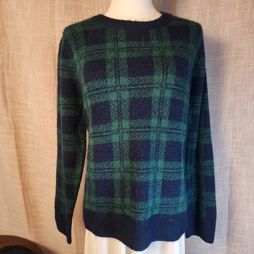 Old Navy Womens XL Plaid Crew Neck Sweater Navy Blue Green Knit Long Sleeve